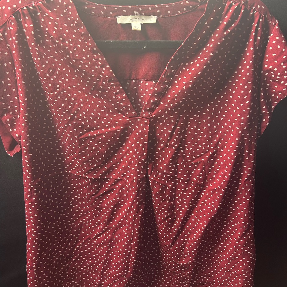fun 2 fun Burgundy Polka Dot V-Neck Blouse